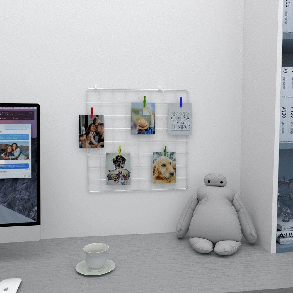 Memory Board Painel de Fotos 40x40 Branco Decoração Mesh Board Home Office + Prendedores + Clips Adesivos