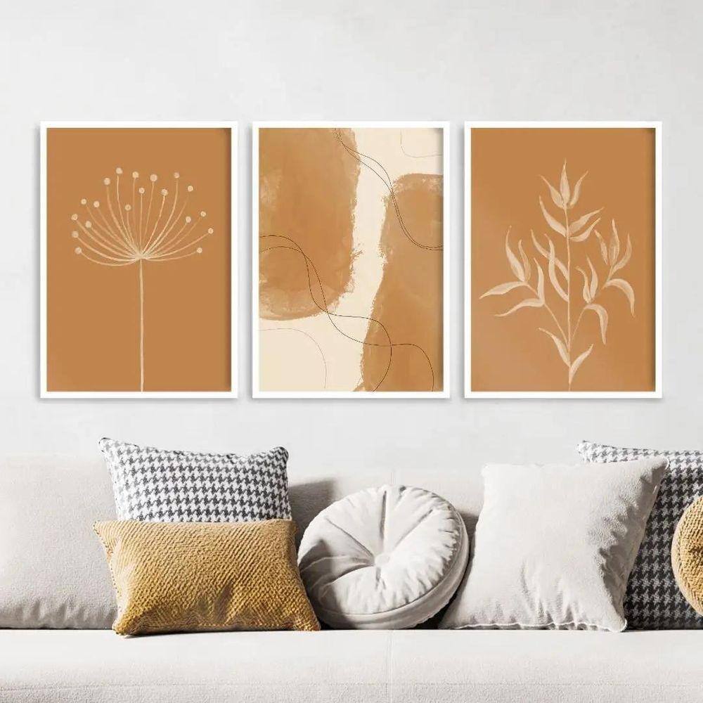 Kit 3 Quadros Abstratos Folhas Aquarela Marrom 45X34Cm