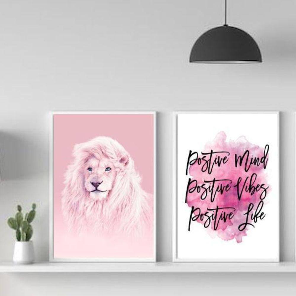 Kit 2 Quadros Leão Rosa - Vibes Positivas 33x24cm
