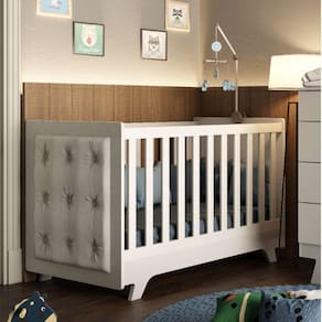 Berço Mini Cama com Capitône Retrô 100% MDF Móveis Peroba Branco/Sintético Branco