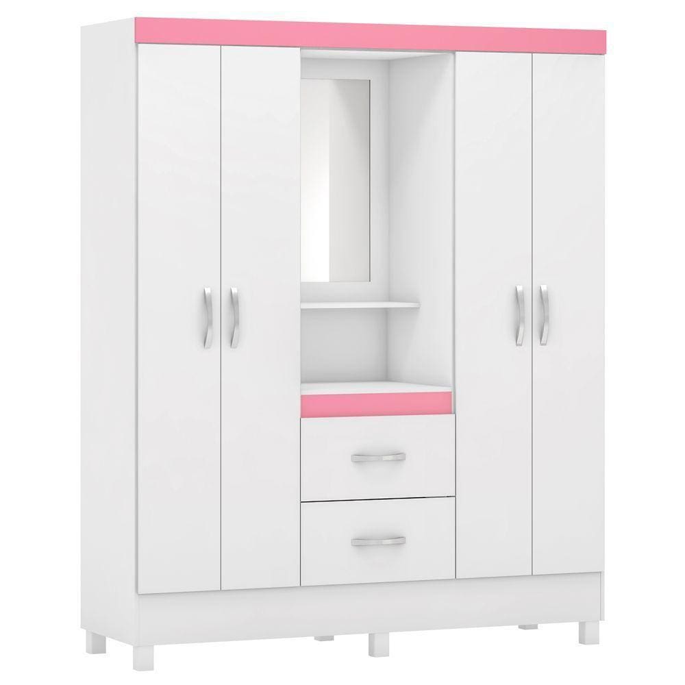Guarda Roupa 4 Portas Com Pés E Espelho Lord Branco Rosa