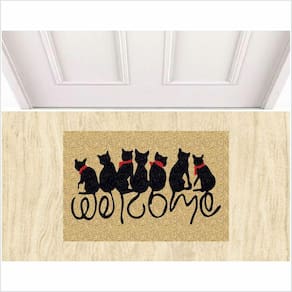 Tapete Gato Welcome Para Porta Fundo Bege