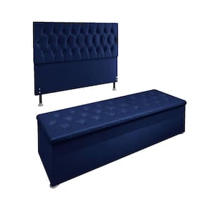 Kit Cabeceira Calçadeira Baú Casal 140cm Madrid Azul Marinho