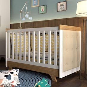 Berço Mini Cama com Capitône Retrô 100% MDF Móveis Peroba Branco/Carvalho/Sintético Bege