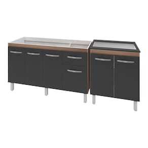 Armário Cozinha Gabinete Pia De 140 Cm Camile Com Balcão Cooktop 5 Bocas Savana Frente Preta Jade