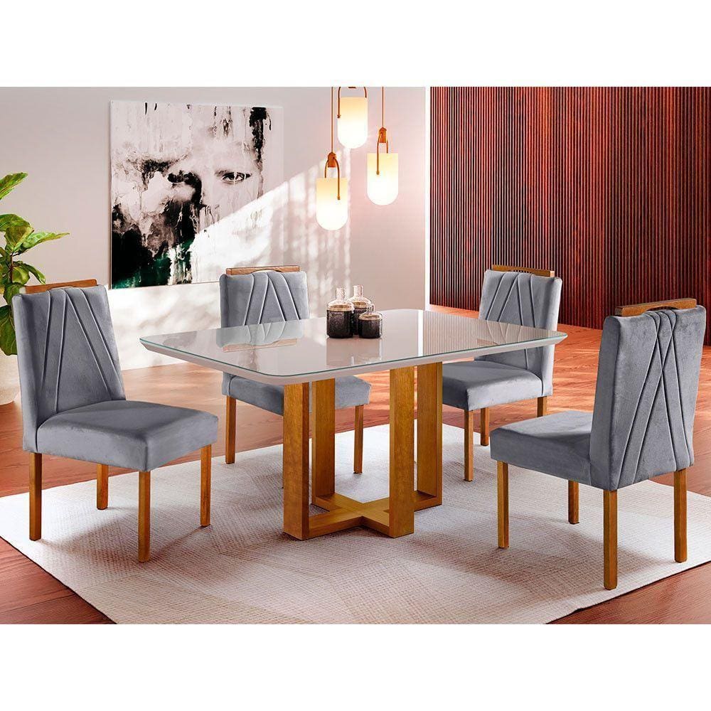 Conjunto Sala De Jantar Mesa Tampo De Vidro 4 Cadeiras Lisboa Mundial Móveis Mel/Cinza Mel/Cinza