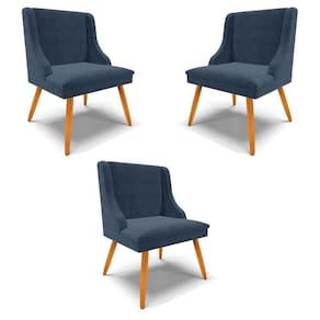 Kit 3 Cadeiras Decorativas Sala De Jantar Pés Palito De Madeira Suede Azul Marinho/natural