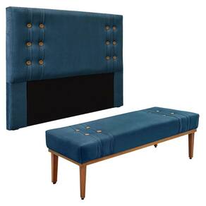 Kit Cabeceira E Calçadeira Recamier Casal 1,40M Azul Marinho