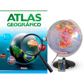 Kit Globo Terrestre Profissional Prisma RGB 30cm + Lupa +  Livro Atlas Escolar Com Divisão De Países Base Em Plástico