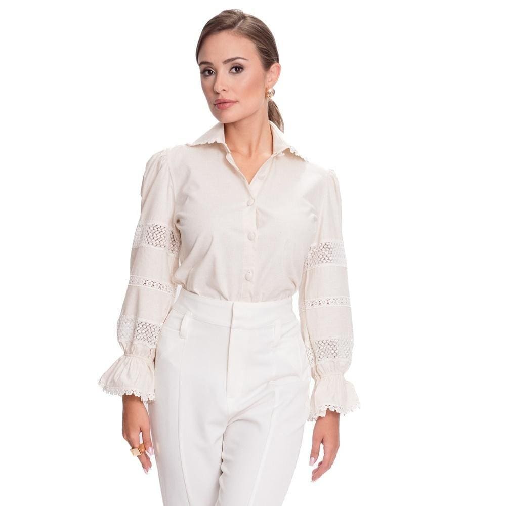 Camisa Social Feminina Linho Manga Bufante Moderna Teodoro