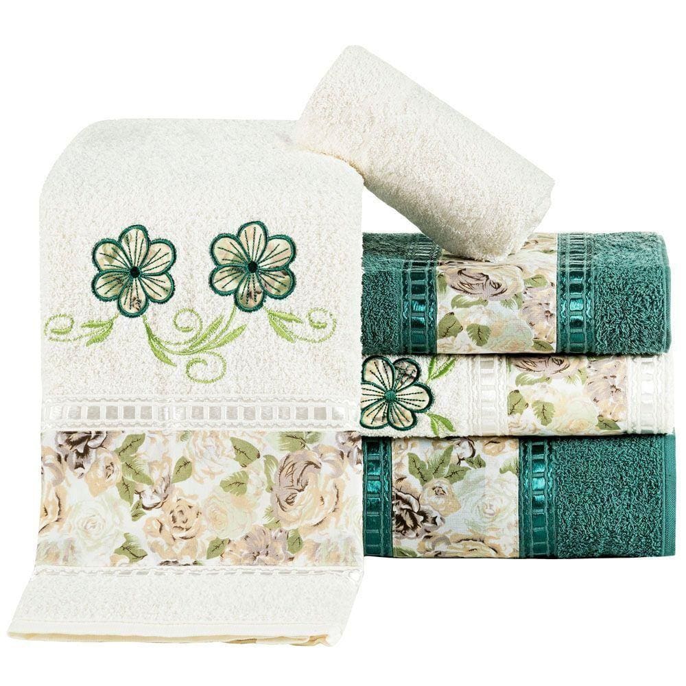 Jogo De Toalhas Banho Bordado Passione Floral 100% Algodão 5 Peças - Verde Erva Doce E Palha