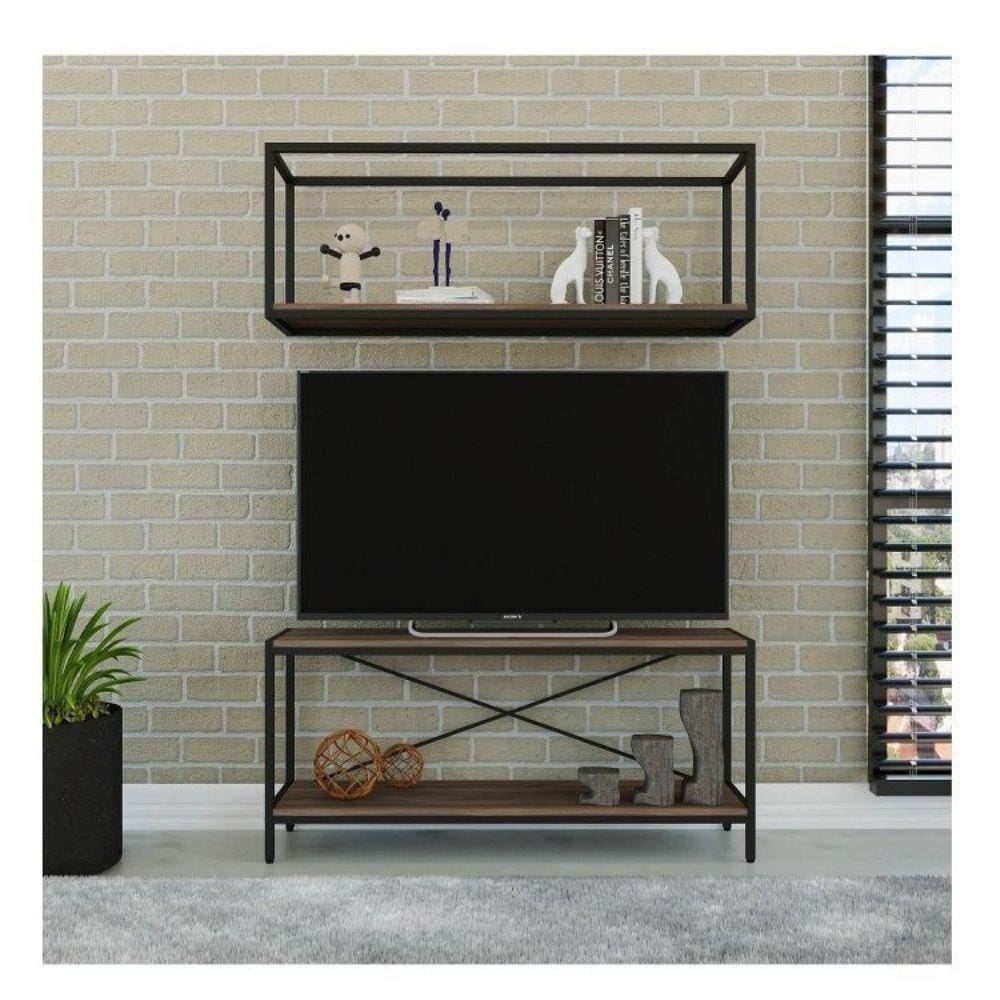 Conjunto Rack para TV até 50 Polegadas 1 Nicho Aéreo Estilo Industrial 120cm Active Yescasa Nogal