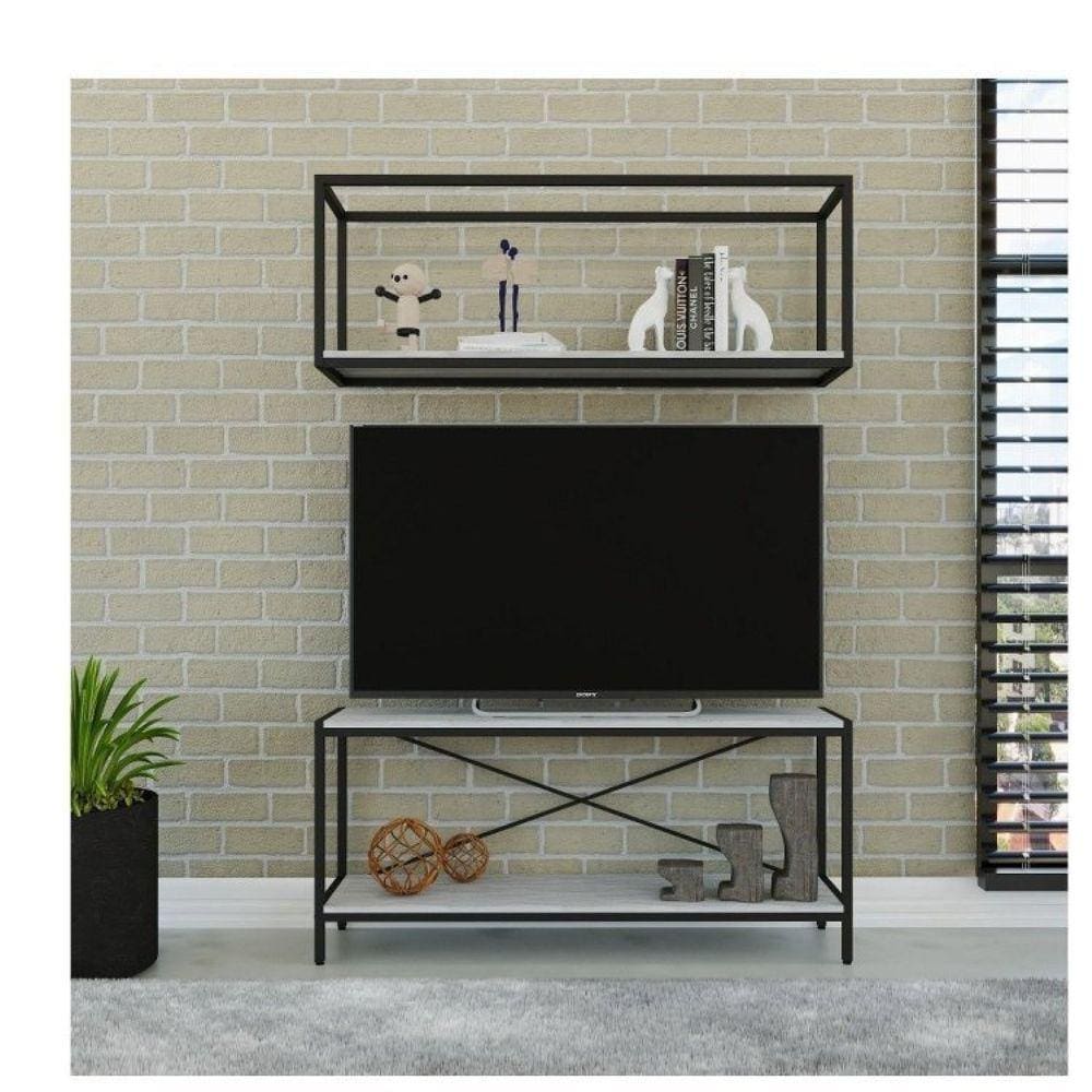 Conjunto Rack para TV até 50 Polegadas 1 Nicho Aéreo Estilo Industrial Active Yescasa Branco Chess
