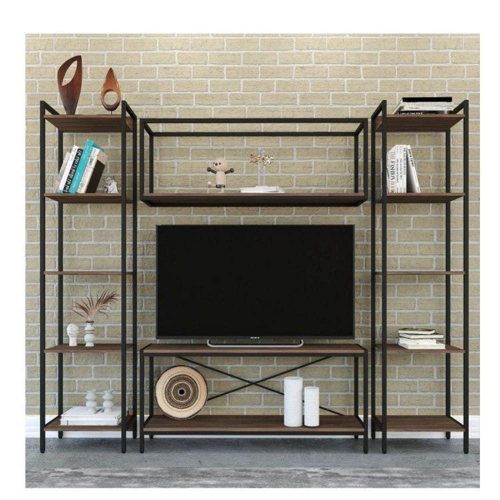 Conjunto Rack para TV até 50 Polegadas 1 Nicho Aéreo 2 Estante Estilo Industrial Active Yescasa Nogal