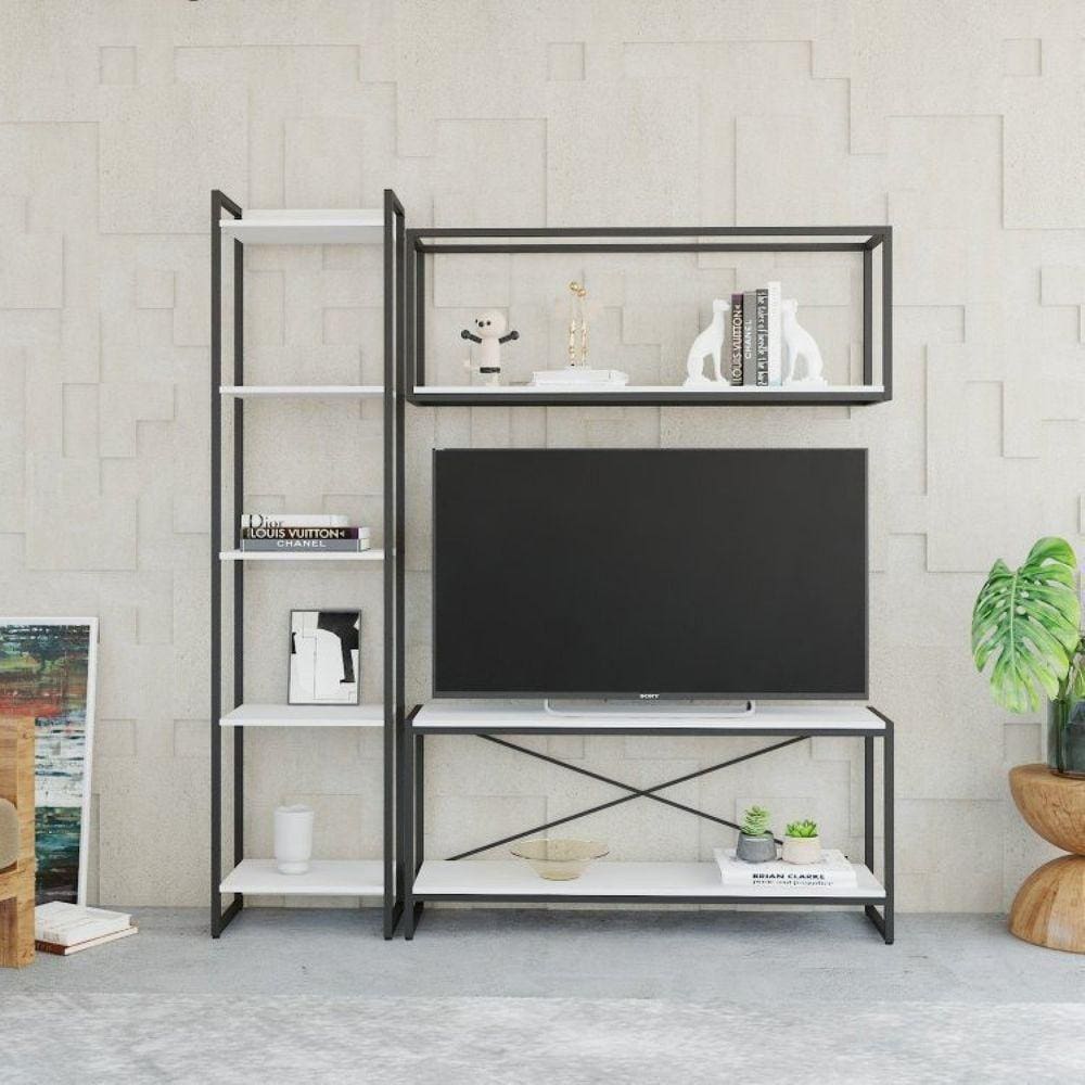 Conjunto Rack para TV até 50 Polegadas 1 Nicho Aéreo 1 Estante Estilo Industrial Active Yescasa Branco Chess