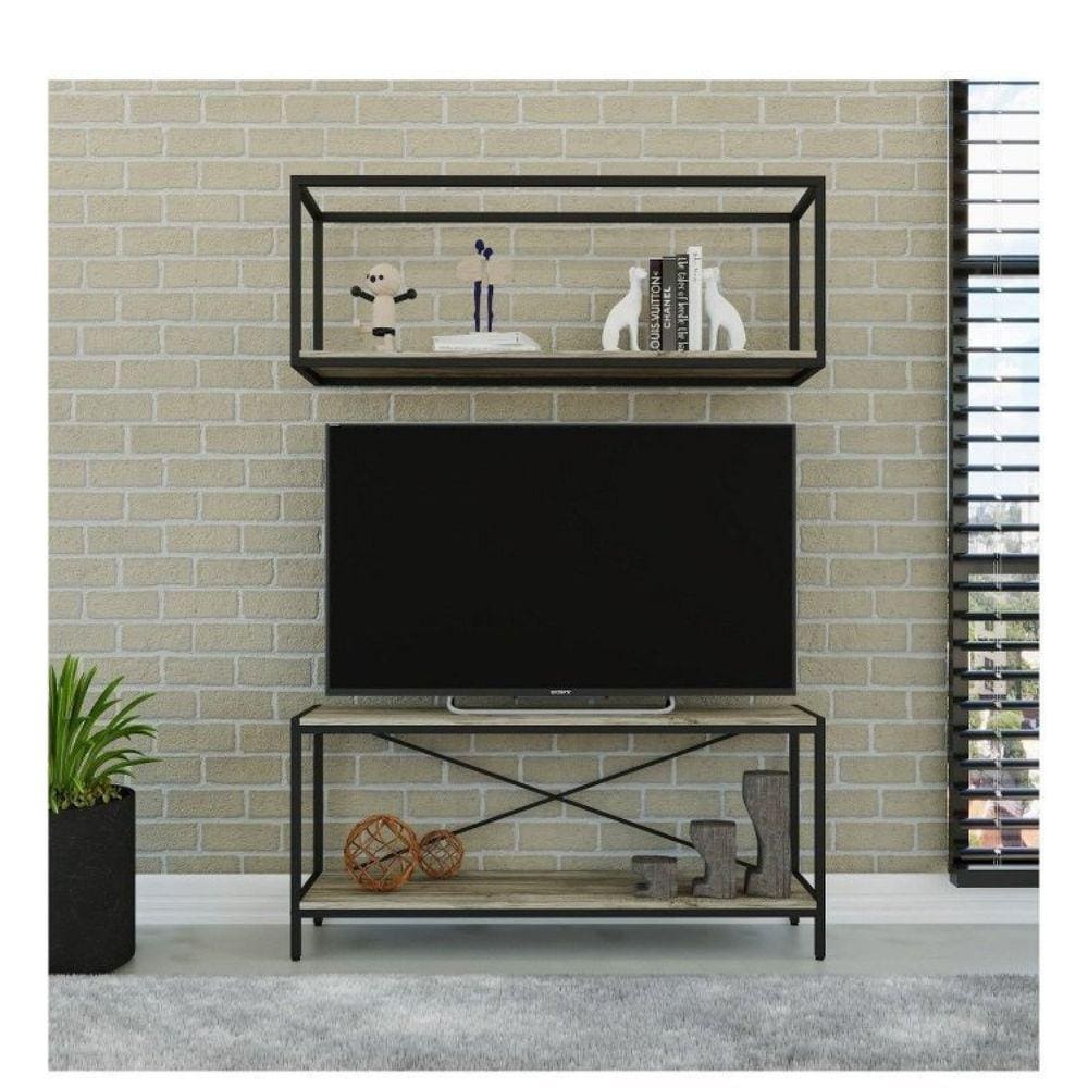 Conjunto Rack para TV até 50 Polegadas 1 Nicho Aéreo Estilo Industrial Active Yescasa Carvalho