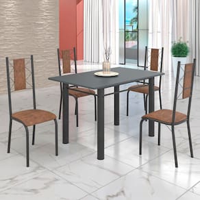 Conjunto Sala de Jantar Bahia Mesa Tubo 120x75cm Tampo Pedra com 4 Cadeiras Marrom/Prata