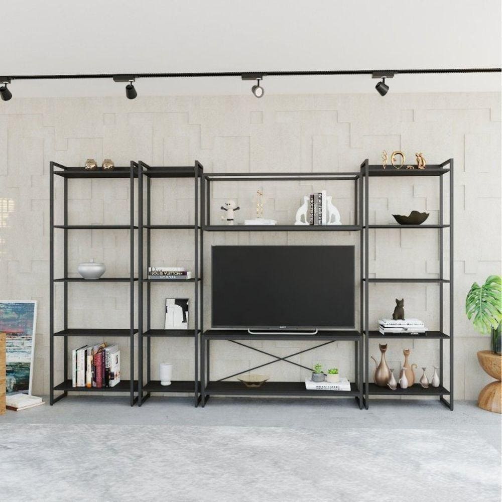 Conjunto Rack para TV até 50 Polegadas Estante 5 Prateleiras Estilo Industrial Active Yescasa Preto Onix