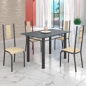Conjunto Sala de Jantar Bahia Mesa Tubo 120x75cm Tampo Madeira com 4 Cadeiras Creme/Prata