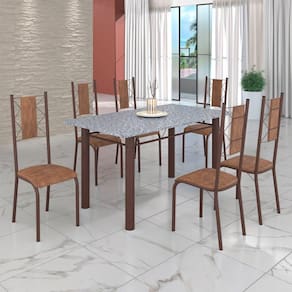 Conjunto Sala de Jantar Bahia Mesa Tubo 140x75cm Tampo Pedra Granito com 6 Cadeiras Marrom