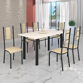 Conjunto Sala de Jantar Bahia Mesa Tubo 140x75cm Tampo Madeira com 6 Cadeiras Creme / Preto Fosco