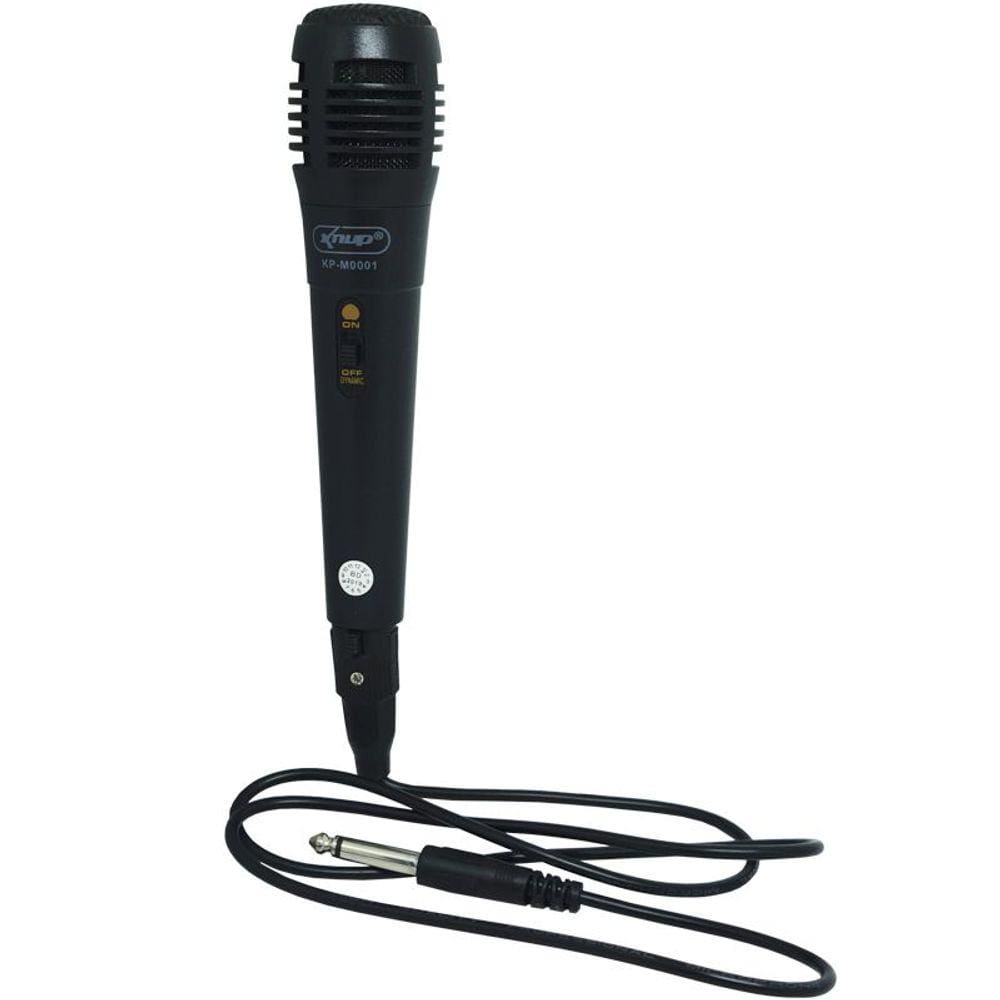 Microfone Dinâmico com Fio P10 Cabo 1 Metro para Karaokê e Caixa de Som Knup KP-M0001 Preto