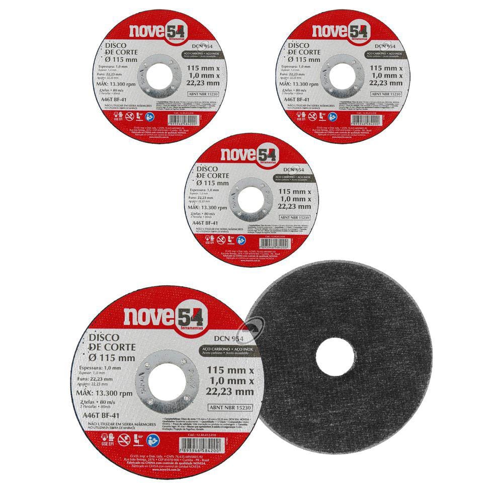 5 Unidades de Disco de Corte 115 mm x 1,0 mm x 22,23 mm, DCN 954 Grão G46 NOVE54 by Vonder