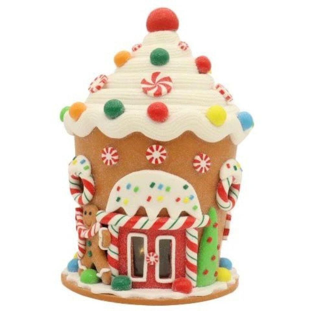 Enfeite Natalino Casa de Cupcake do Papai Noel com LED 25cm
