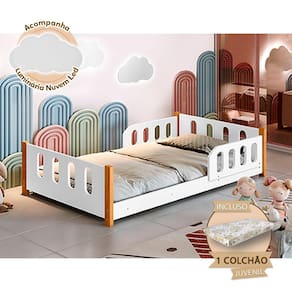 Cama Infantil Juvenil Camila com Colchão + Grade de Proteção e Luminária Led - Branca
