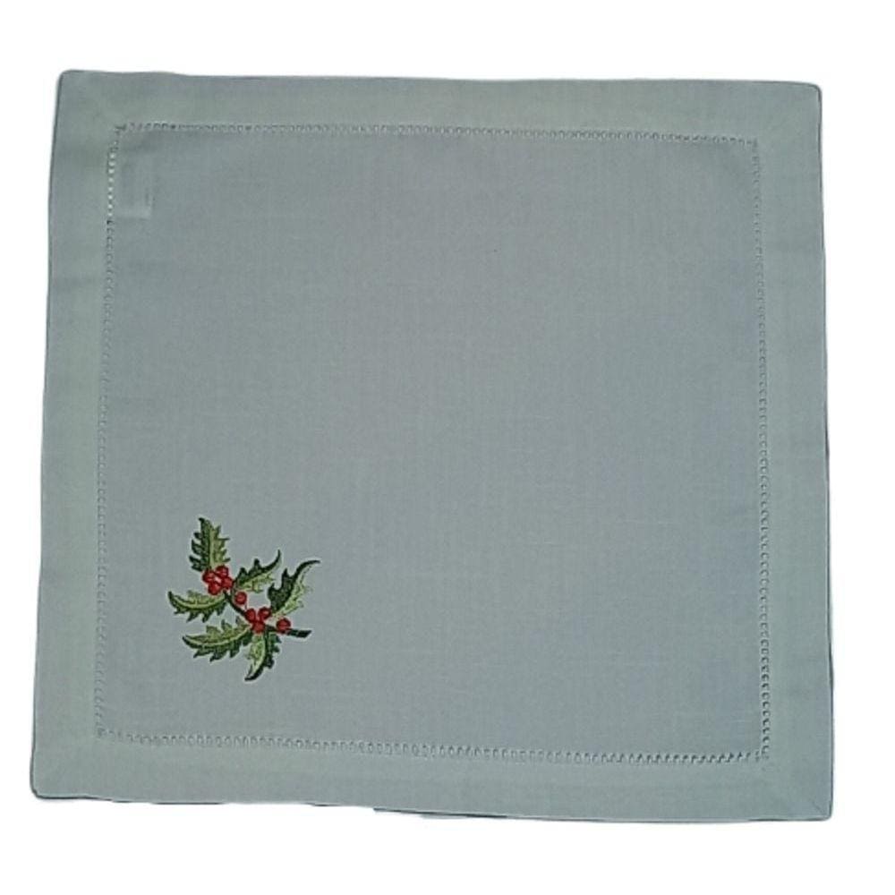 Guardanapo De Linho Natal Branco Bordado Com Azevinho 45x45 Cm