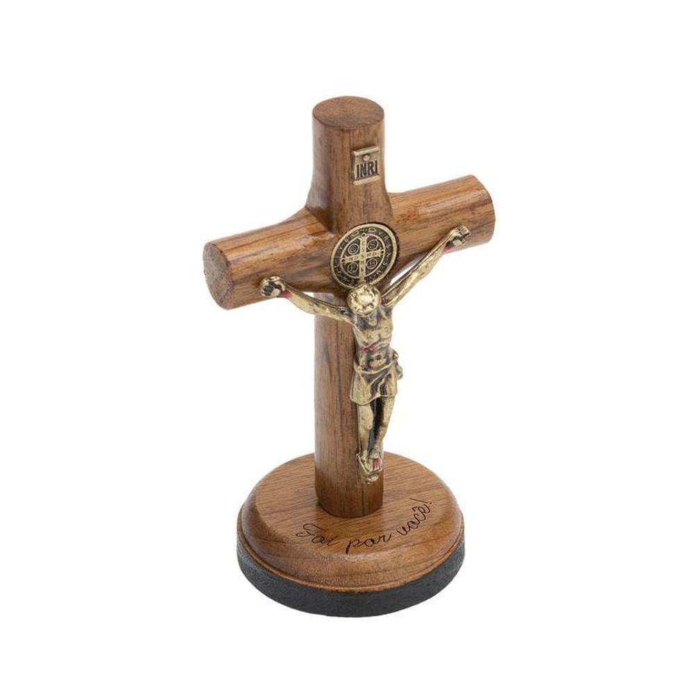Crucifixo de Mesa Cilíndrico com São Bento 7cm - "Foi por você!"