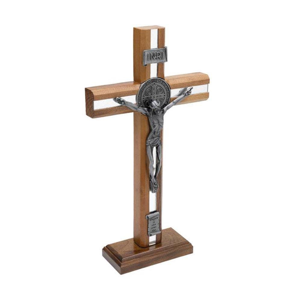 Crucifixo de Madeira Frisada com São Bento (onix) 26cm - \"Ninguém te ama como eu!\"