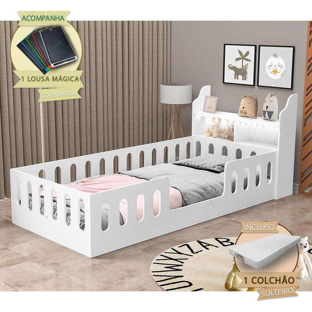 Cama de Criança Helo Solteiro C/ Colchão + Nicho + Led e Lousa Mágica Branca