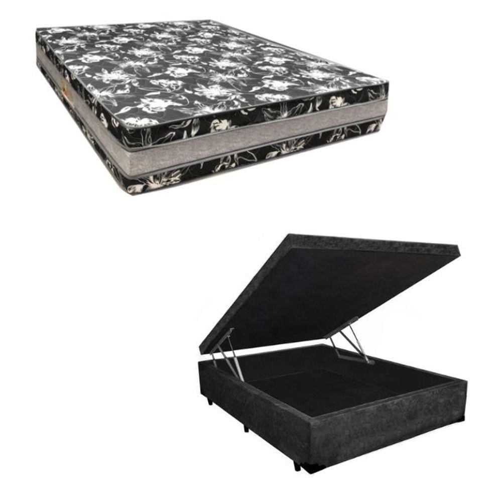 Cama Base Box Baú Casal Super Black Suede Preto + Colchão Casal Super Black D33  28x138x188