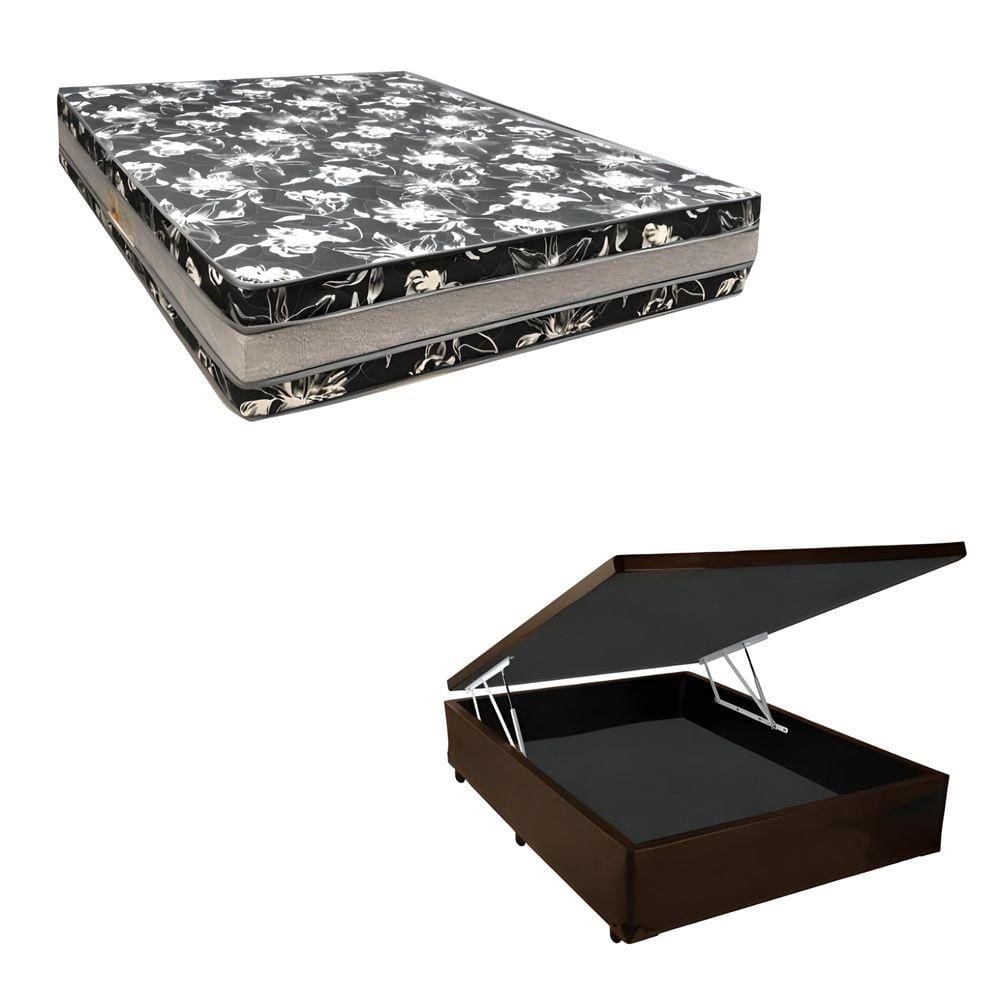Cama Base Box Baú Casal Super Black Sintético Marrom + Colchão Casal Super Black D33 28x138x188