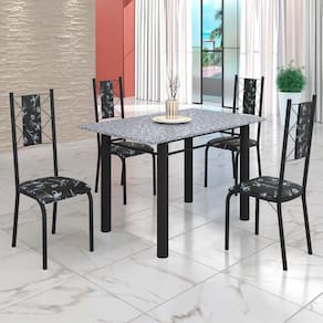 Conjunto Sala de Jantar Bahia Mesa Tubo 120x75cm Tampo Pedra Granito Ocre com 4 Cadeiras Preto Floral/Preto