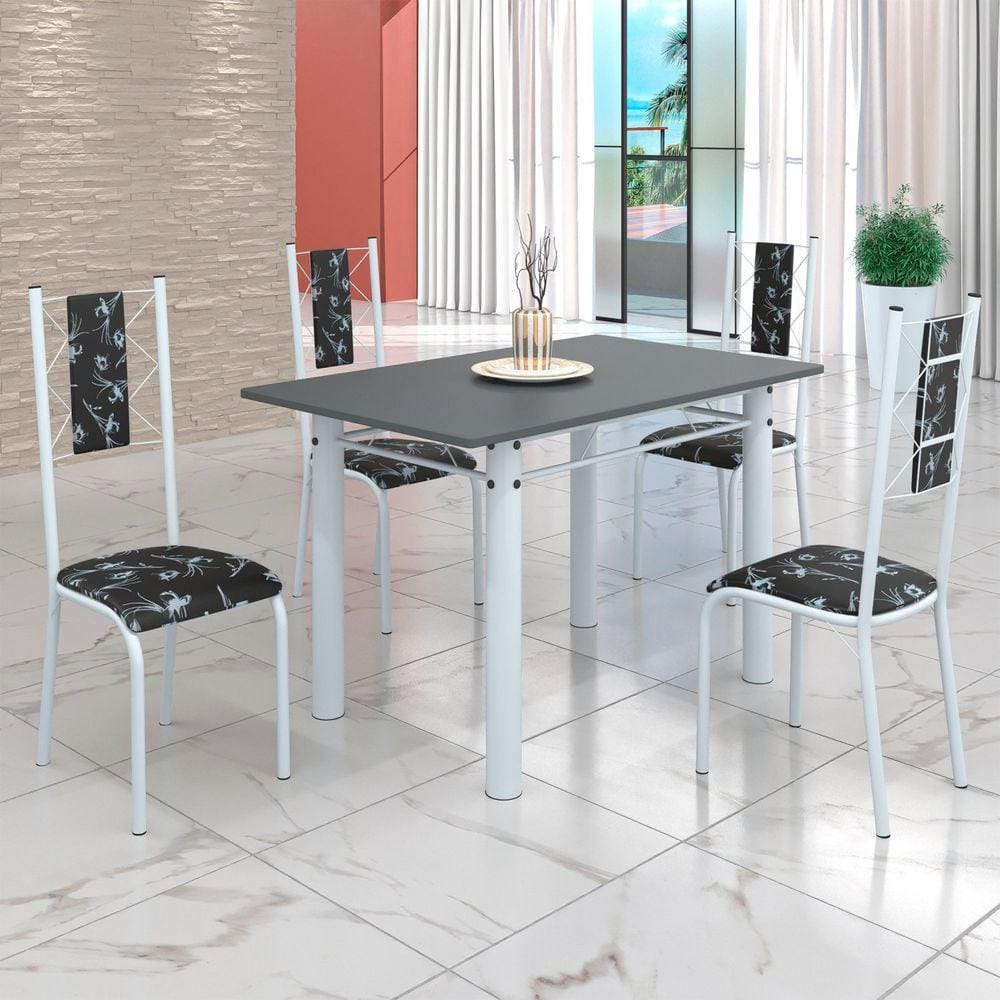 Conjunto Sala de Jantar Bahia Mesa Tubo 120x75cm Tampo Pedra com 4 Cadeiras Preto Floral/Branco