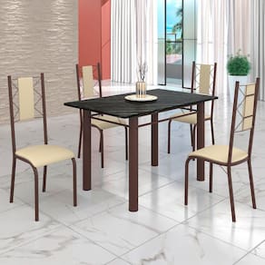 Conjunto Sala de Jantar Bahia Mesa Tubo 120x75cm Tampo Madeira Indiana com 4 Cadeiras Creme/Marrom