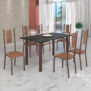 Conjunto Sala de Jantar Bahia Mesa Tubo 140x75cm Tampo Pedra Ardósia Indiana com 6 Cadeiras Courino Marrom / Marrom