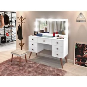 Penteadeira Camarim Retro 7 Gavetas 100% Mdf C/ Led - Espelho -Gaveta  Maquiagem + Banqueta Retro
