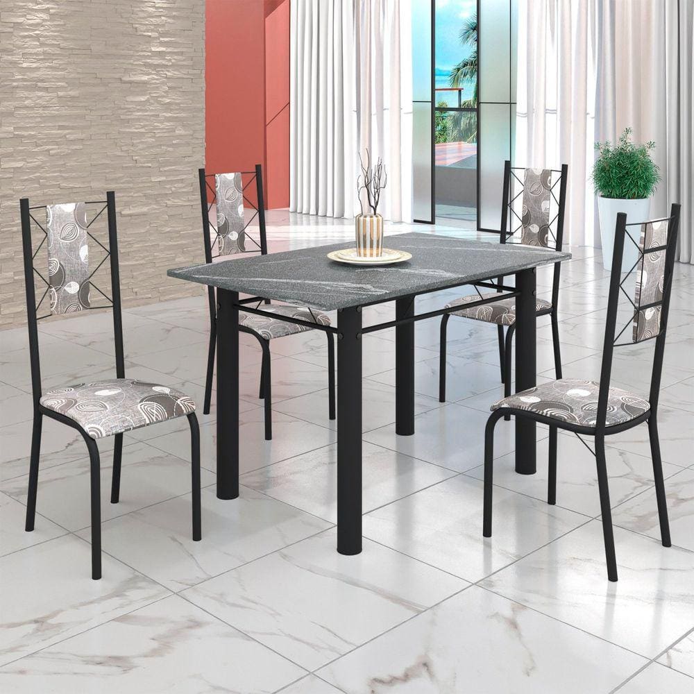 Conjunto Sala de Jantar Bahia Mesa Tubo 120x75cm Tampo Pedra Granito Topázio com 4 Cadeiras Paraopeba/Preto Fosco