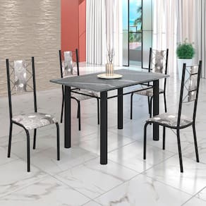 Conjunto Sala de Jantar Bahia Mesa Tubo 120x75cm Tampo Pedra Granito Topázio com 4 Cadeiras Paraopeba/Preto Fosco