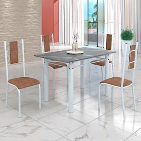 Conjunto Sala de Jantar Bahia Mesa Tubo 120x75cm Tampo Pedra Granito Topázio com 4 Cadeiras Marrom/Branco