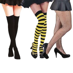 Meia 7/8 Festa Fantasia Cosplay Listrada + Meia 7/8 Colegial Preta + Meia Calça Arrastão Trama Média