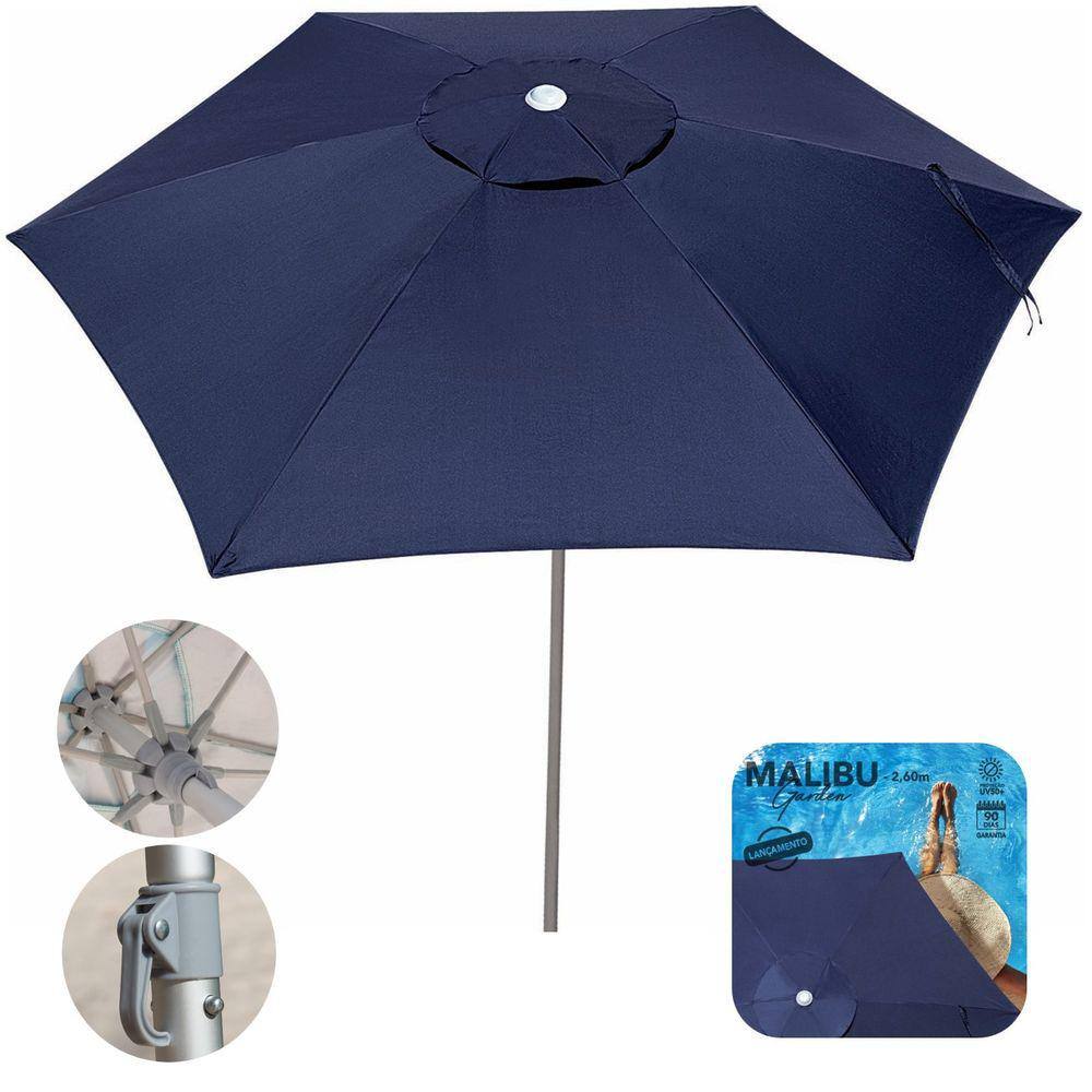 Ombrelone Guarda Sol 2,6m Sombreiro Alumínio Malibu Garden Jardim Praia Piscina Camping Azul Marinho - 1901 Tobee