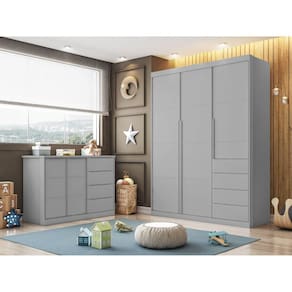 Quarto Infantil Completo Roupeiro e Cômoda 4 Gavetas Pérola Cinza