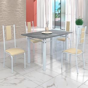Conjunto Sala de Jantar Bahia Mesa Tubo 120x75cm Tampo Pedra Granito Topázio com 4 Cadeiras Creme/Branco
