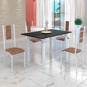 Conjunto Sala de Jantar Bahia Mesa Tubo 120x75cm Tampo Pedra Ardósia Indiana com 4 Cadeiras Marrom/Branco