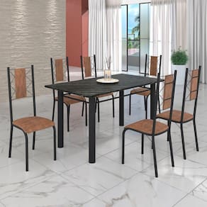 Conjunto Sala de Jantar Bahia Mesa Tubo 140x75cm Tampo Pedra Ardósia Indiana com 6 Cadeiras Courino Marrom/preto Fosco