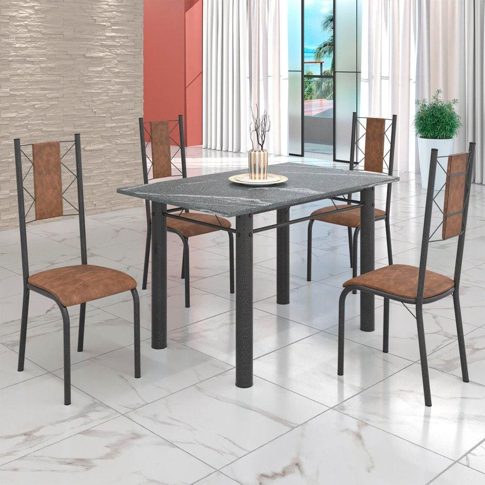 Conjunto Sala de Jantar Bahia Mesa Tubo 120x75cm Tampo Pedra Granito Topázio com 4 Cadeiras Marrom/Prata